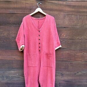 Womens Happy French Gang Jumpsuit EUC Button M/L Medium Large Faded Rose Red